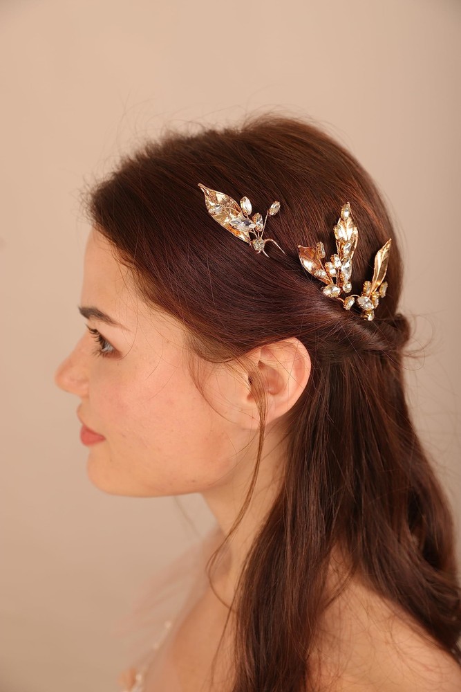 3 PCS Gold Leaf Crystal Rhinestone Hair Pins Teardrop Crystal Hair Piece