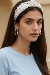 LELE SADOUGHI Knotted Headband White w/ Faux PEARLS & GOLD Studs Embellished