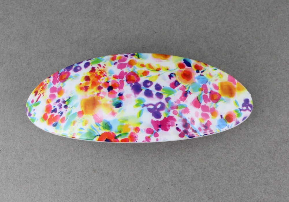 Pink White floral barrette oval plastic curved hair clip 3.25″ long watercolor