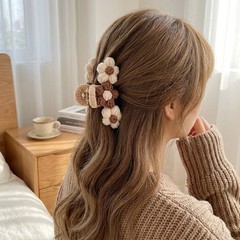 Brown Beige Crochet Flower Hair Claw Clip Floral Knit Hair Claw for Women