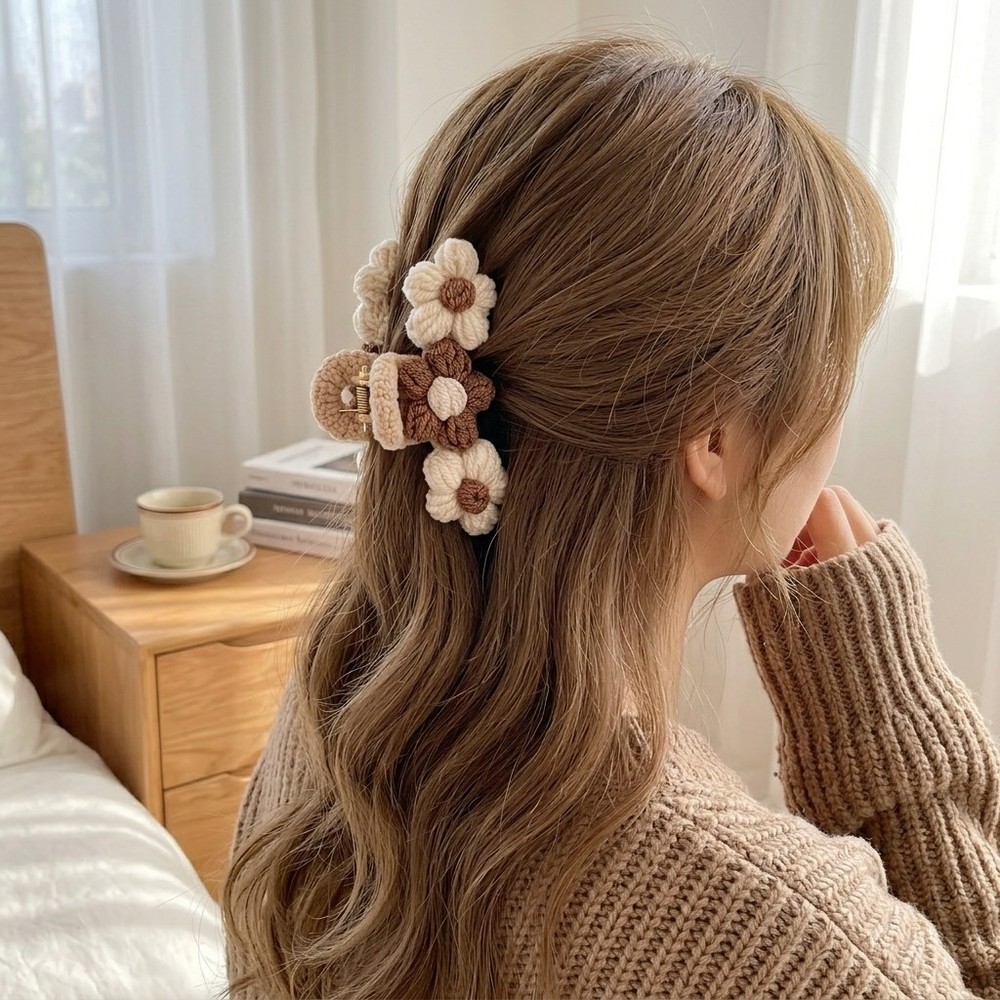 Brown Beige Crochet Flower Hair Claw Clip Floral Knit Hair Claw for Women