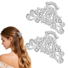 Clofiak 2 Pcs Rhinestone Hair Claw Clips, Sparkly 1 Count (Pack of 2), Silver