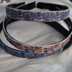 3 Pack Floral Fabric Covered Plastic Headbands w/ Teeth Grip Black Blue White