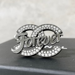 CHANEL brooch here mark Forever double row stone black silver logo rhinestone
