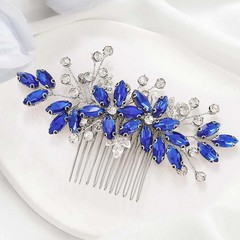 Crystal Bride Wedding Hair Comb Silver Leaf Bridal Accessories Rhinestone Blue