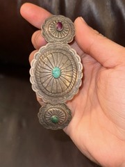 Vintage French Concho Hair Barrette Silver Tone Turquoise Style