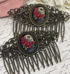 Pair Bronze Barrette Jewelry Hair Combs Cameo Rose Skull Gothic Biker Halloween