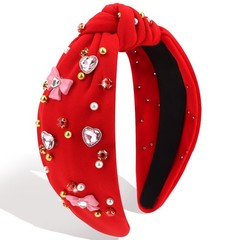 Red Valentine’s Day Knotted Bow Heart Rhinestone Pearl Headband Accessory