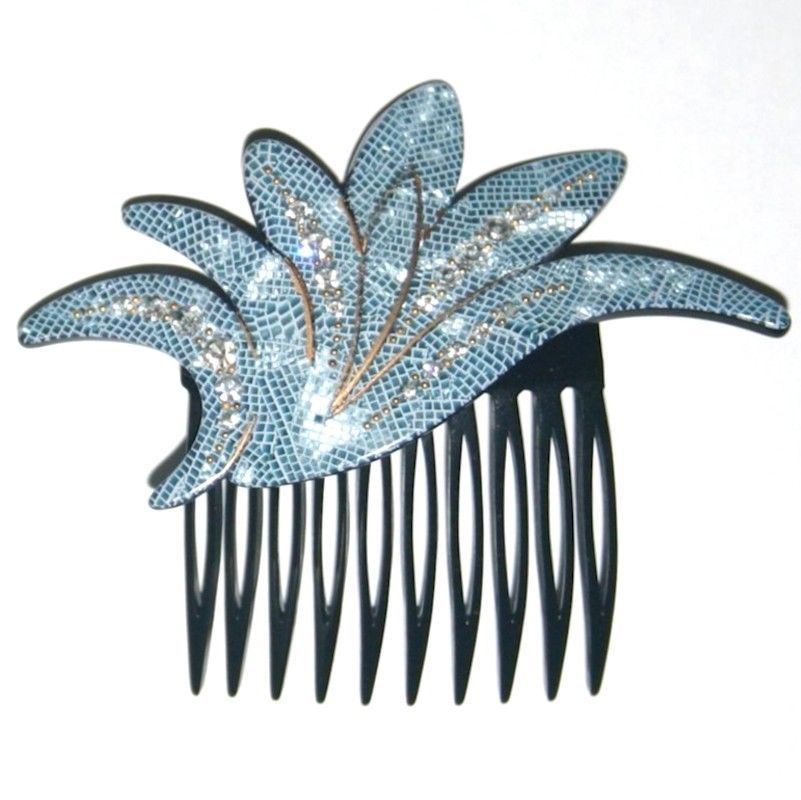 Vintage Hair Side Comb Fashion Feather Fancy Leaf Sparkly Crystal Made in France