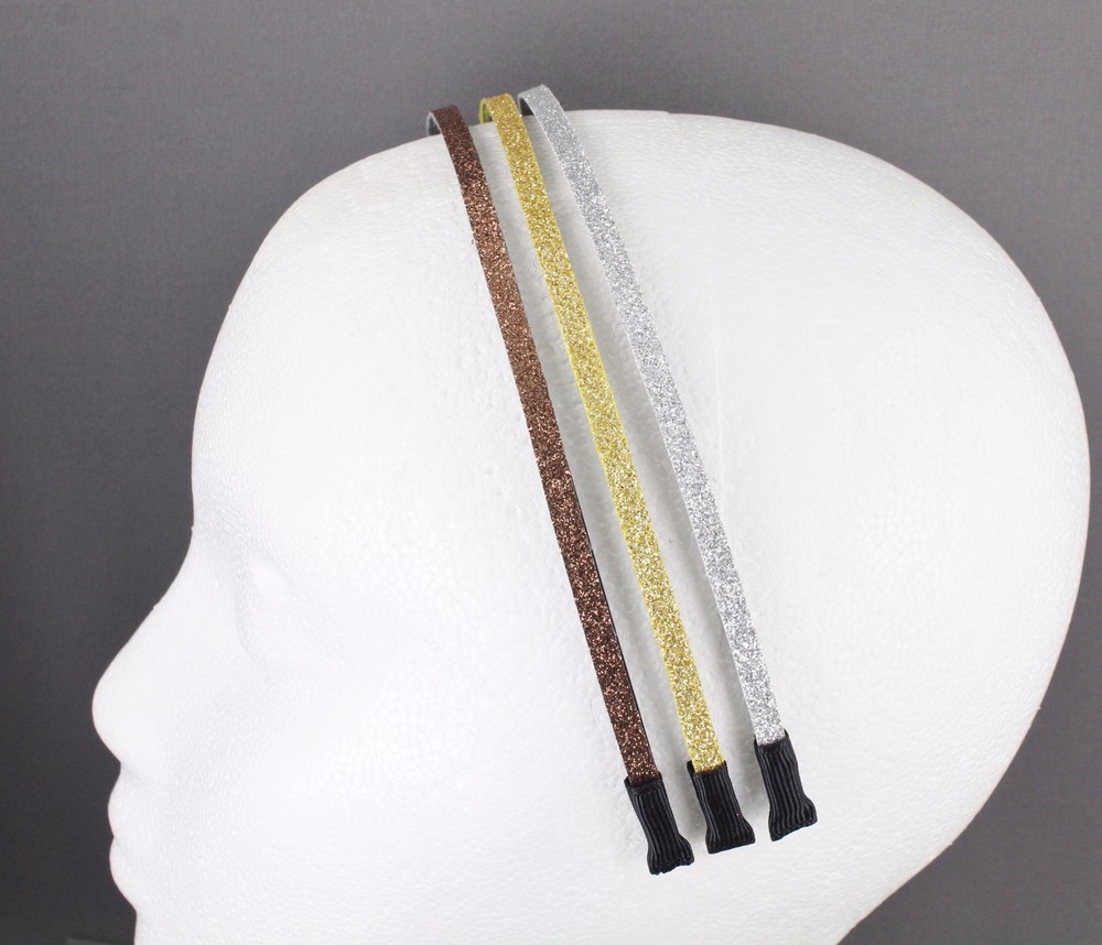 Gold Silver Brown glitter sparkly thin skinny 3/16″ wide set 3 headband teeth