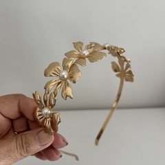 Dainty Hairband Headband Gold Toned Metal Flower Faux Pearl Wedding Bridal