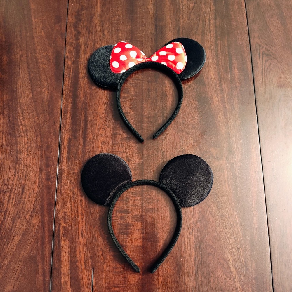 Kids 2x Minnie Mouse Ear Headbands – Black Mouse Ears, Red/White Polka Dot Bow