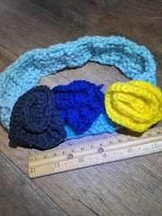Handmade Crochet Headband, Blue With 3 Heart Roses, 100% Acrylic, Infant