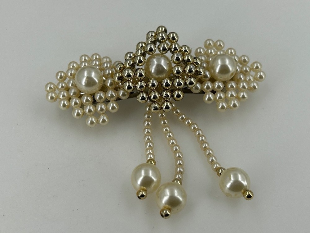 Women’s Hair Barrette Clip Ivory Gold Faux Pearl Dangle Beaded Elegant Accessory