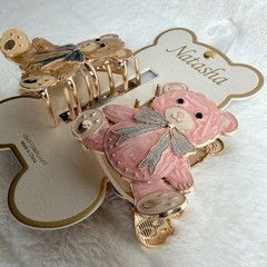 Teddy Bear Hair Claw Clip Set Pink Brown Shimmer Bow Coquette Cute Gift Kawaii