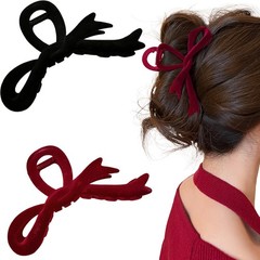 2PCS Velvet Bow Hair Claw Clips for Women, 1 Count (Pack of 2), Red Black