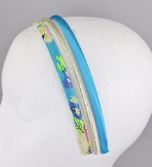 3 headbands Aqua floral thin skinny satin gold sparkly headband hair band