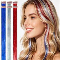 Red Silver Blue Mix Clip in Hair Tinsel 6Pcs Heat Resistant Sporty Hair Extensio