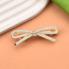 French Bow Crystal Rhinestone Pearl Hair Clips Barrette Gold Bridal Wedding