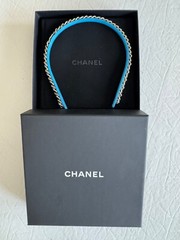 Authentic Chanel 22S Blue Leather/Gold Chain CC Logo Headband Hair Accessory
