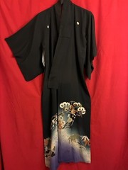 Antique Silk Kurotomesode Kimono with 5 Kamon Family Crests, Hand Dyed Yuzen, c.