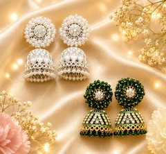 2 Pairs Indian Jhumka Earrings Set White Pearl & Green Beaded Traditional Ethnic