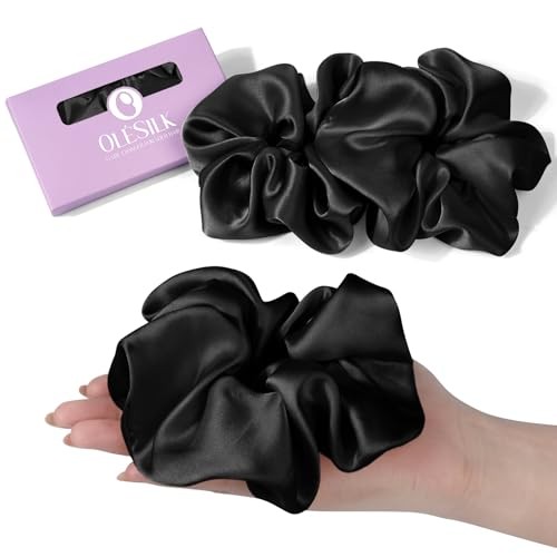 Silk Scrunchies Oversized 100% Mulberry: Large for 1 Count (Pack of 2) Black