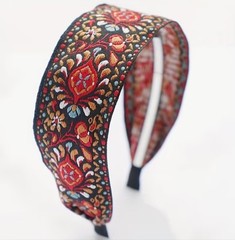 Brown Red Floral Embroidered Ribbon Headband Bohemian Festival Hair Accessory
