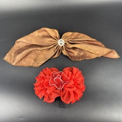 Vtg 1990’s Metal Hair Clips OVERSIZED Ruffle Bow Fabric Red and Brown Lot of 2
