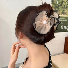 Rannyrena Large Bows Mesh Hair Clips 1 Count (Pack of 1), Pearl Flower Set