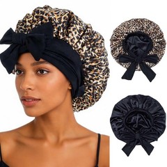 Olbye Bonnet for Sleeping Satin Hair Bonnets 2.2 * 63 inches, Leopard Black