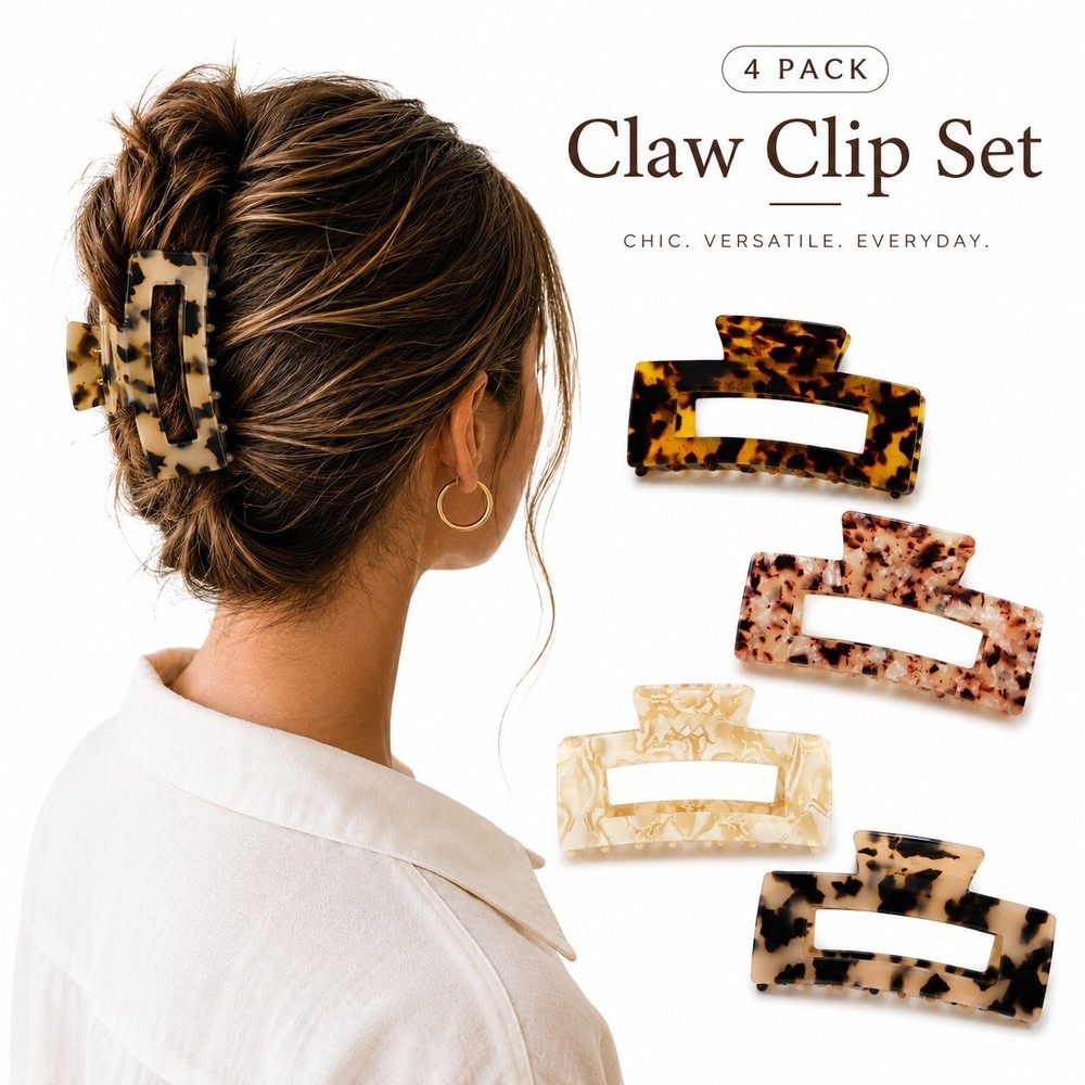 4pcs Set Classic Hair Acetate Hair Claw Clip – Cream, Tortoise, Multicolor Set