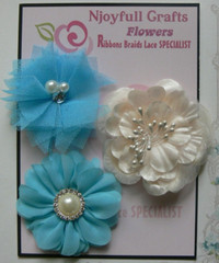 CYAN BLUE & CREAM 5 Flower Mix Organza Satin Lace 60 &65mm Handmade NJC HMI-3