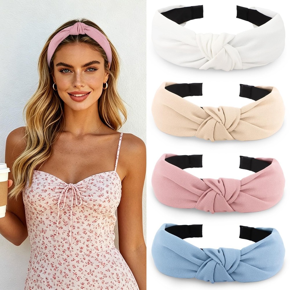 4PCS Knotted Headbands for Women Girls – Non Slip Wide Top Knot Hair Accessor…