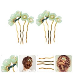 2pcs Jade Flower Hairpins Retro Traditional Side Combs Hanfu Bun Updo Holders Gr