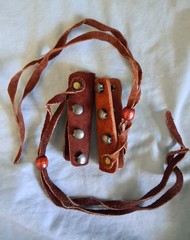 2 Brown Leather Hair Ponytail Braid Wrap Cuff Lace Up Wooden Bead Southwestern