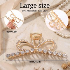 Pecieco Gold Bow Rhinestone Hair Claw 1 Count (Pack of 1), & Silver