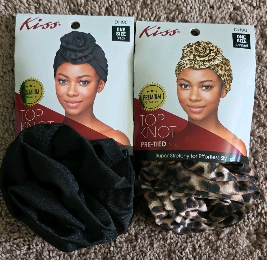 2X Kiss Pre-Tied Top Knot Turban Hair Wraps DH90 Leopard & Black NEW