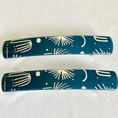 Stay Tight French Barrette Set of 2 Blue Beige Acrylic 3.5″ Long Hair Pop Art