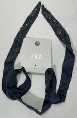Zara Beaded Floral Blue Black Hair Ribbon Neck Tie Embroidered
