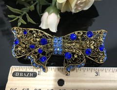 USA seller Antique Gold Tone Flower Rhinestone Blue Color Hair Clip Barrette ha2