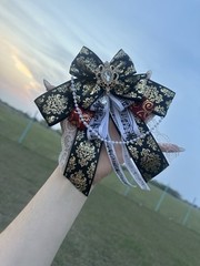Baroque Black Gold Large Hair Bow with Lace, Gem, Floral & Beaded Accents