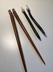 Vintage Wood Wooden Glass Hair Stick Pin Santa Hat Penguin Christmas Tree Black
