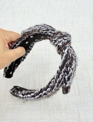 Lele Sadoughi Brown White Tweed Knit Knotted Headband Shell Charm