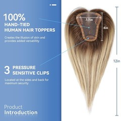 5 Days Custom: 3.5″x4″ Lace Brown Ombre Blonde 100%Human Hair Topper Clip in 12″