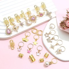 156Pcs Pink Crystal Dreadlock Jewelry, Gold Hair Cuffs & Coils for Braids, Pearl