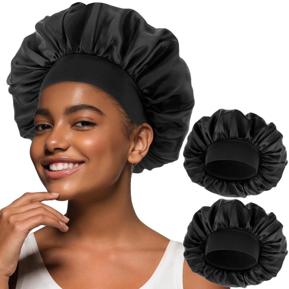 Dimeho 2 Pcs Silk Bonnet for Men Hair Sleeping One Size, Black