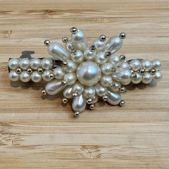 Pearl Flower Hair Barrette Clip White Faux Pearl Silver Tone Bridal Floral