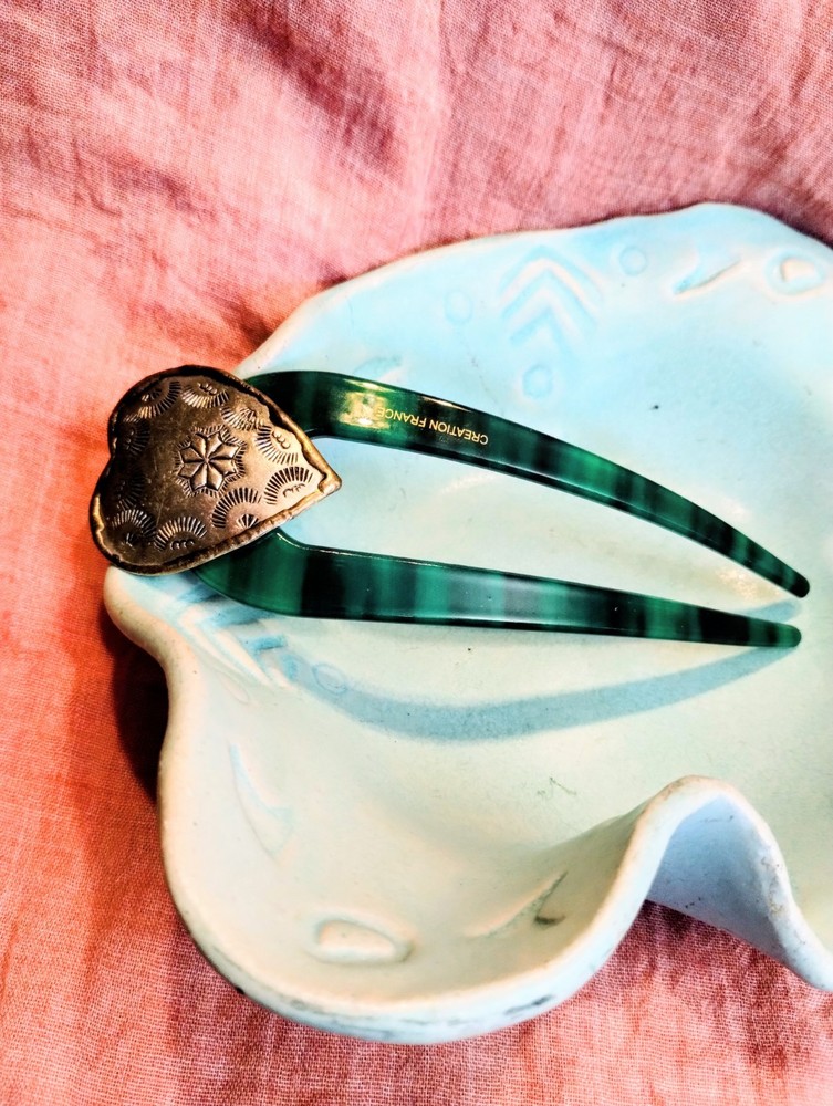 Native American Sterling Stamped Heart Green Malachite Design Resin Hair Pin