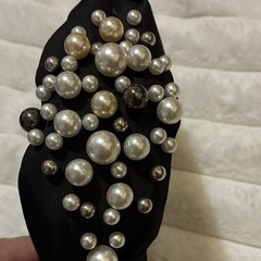 Black Fabric Knotted Headband Faux Pearl Beaded Accents Solid Womens